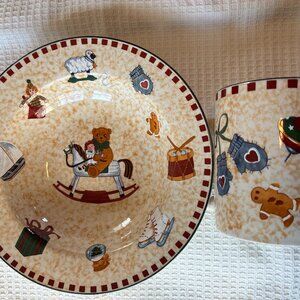 Child's bowl and cup set with toy motif. New